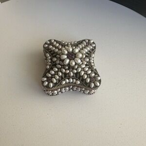 Vintage Pearl‎ & Rhinestone Encrusted Metal Trinket Box 2.5" Jewelry Keeper